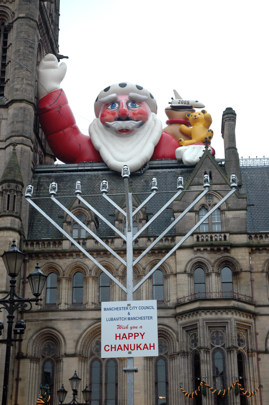 "Santa Claus and Jewish Menorah Manchester Town Hall" stock image