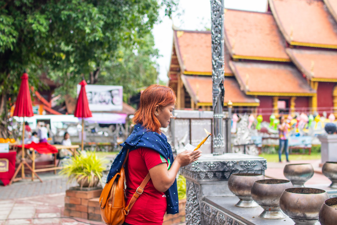 "Buddhist Ritual at Wat Sri Suphan is also known as the Silver Temple in Chiang Mai Thailand Southeast Asia" stock image