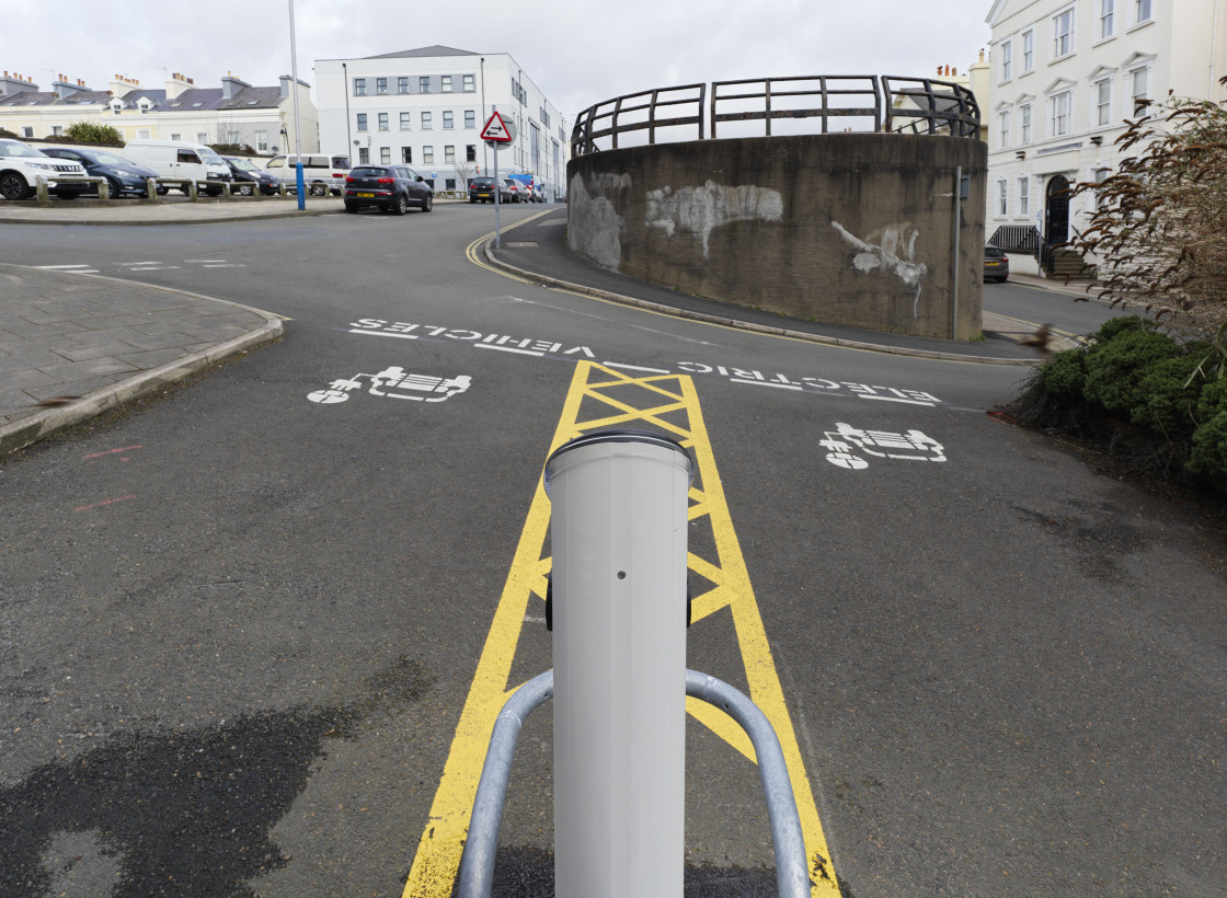 "Two electric vehicle charging bays" stock image