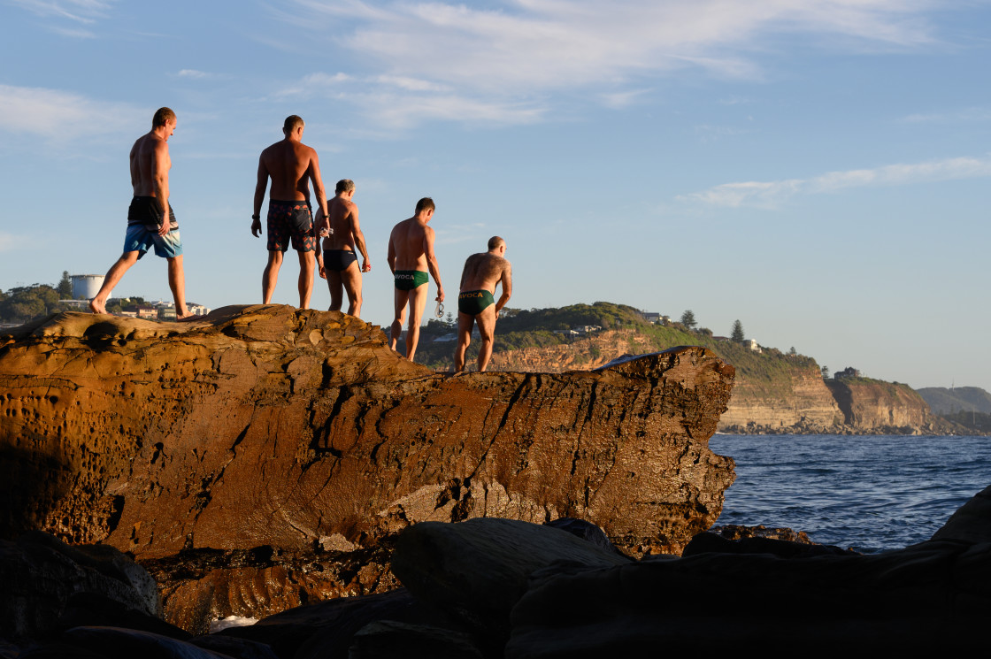 "Swimmers lining up for a dip at Avoca." stock image