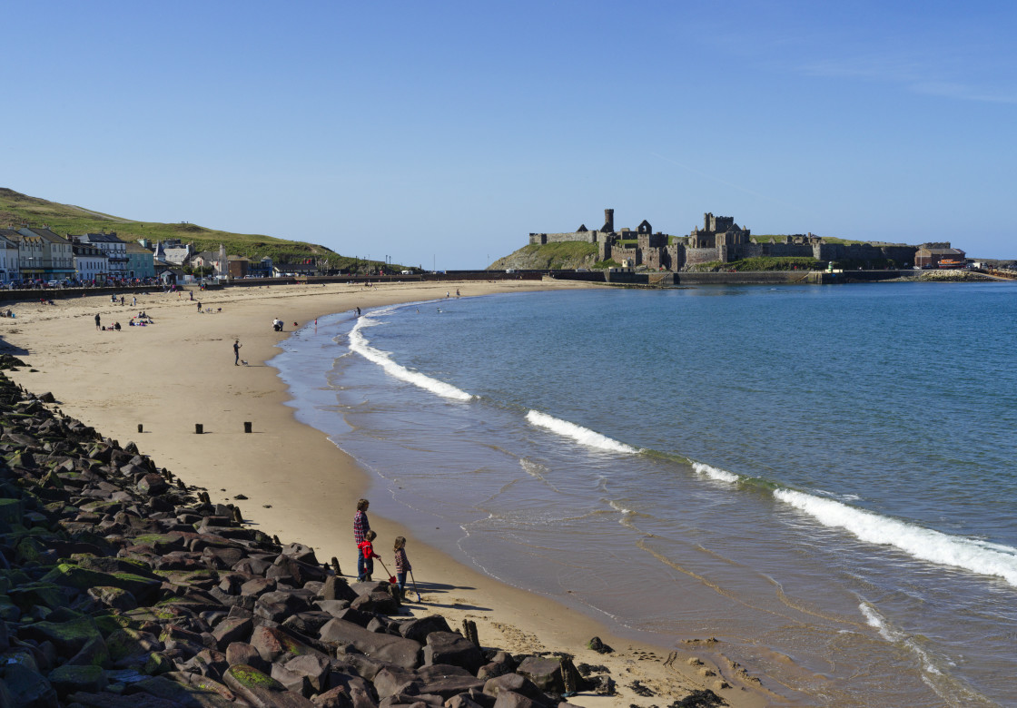 "Sandcastles and the beach at Peel" stock image