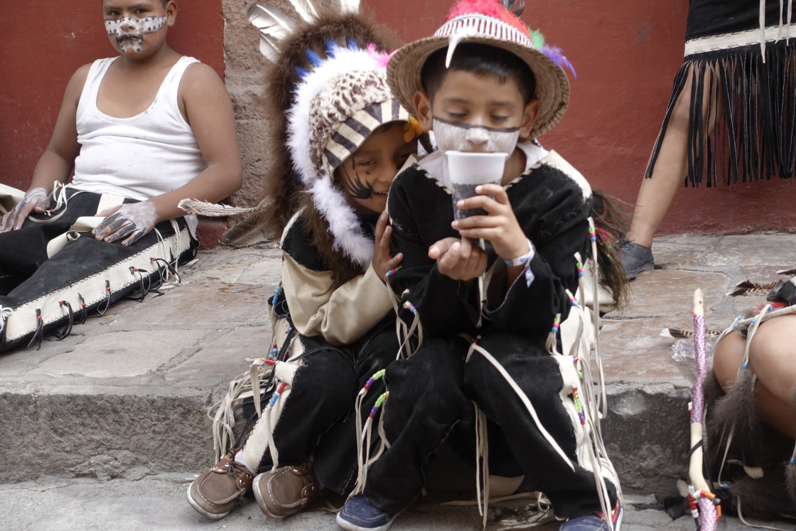 "Boy and girl in costumes,San Miguel de Allende, Mexico" stock image