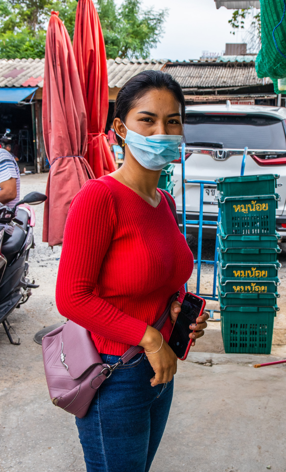 "During the Covid 19 time on a street market in Thailand, Southeast Asia" stock image