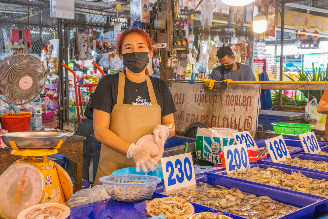 "During the Covid 19 time on a street market in Thailand, Southeast Asia" stock image