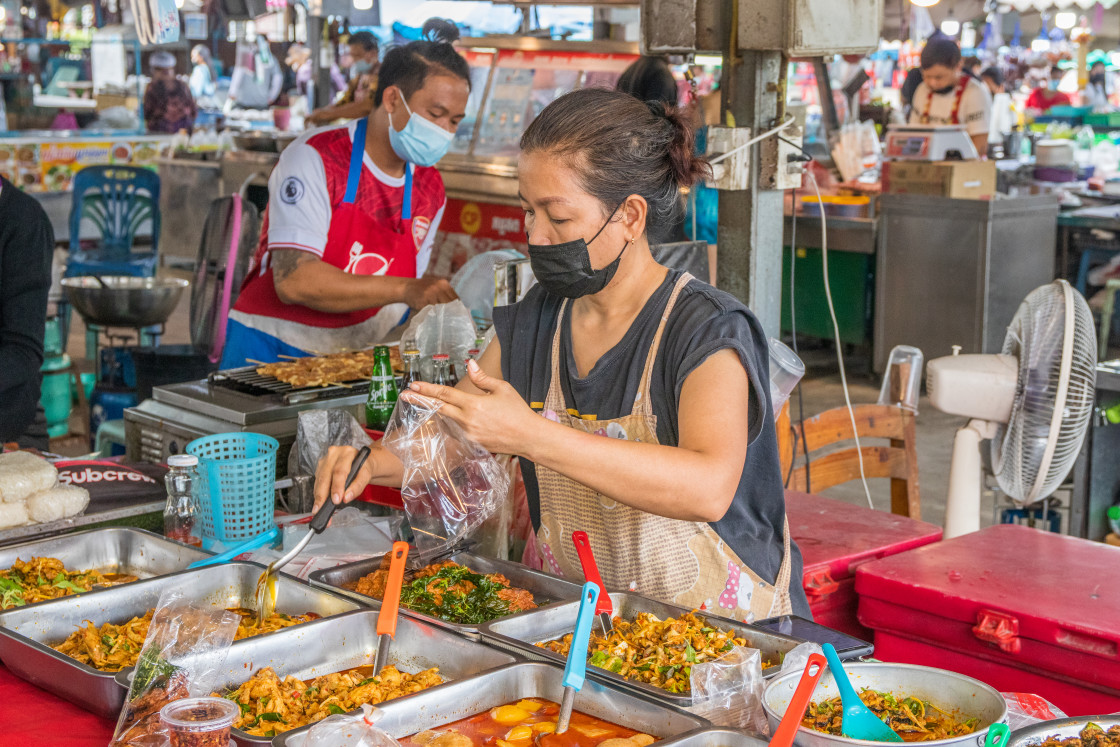 "During the Covid 19 time on a street market in Thailand, Southeast Asia" stock image