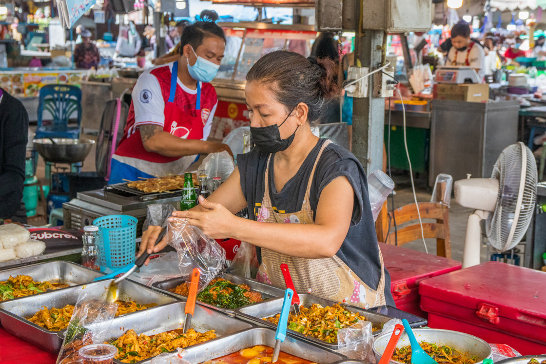 "During the Covid 19 time on a street market in Thailand, Southeast Asia" stock image