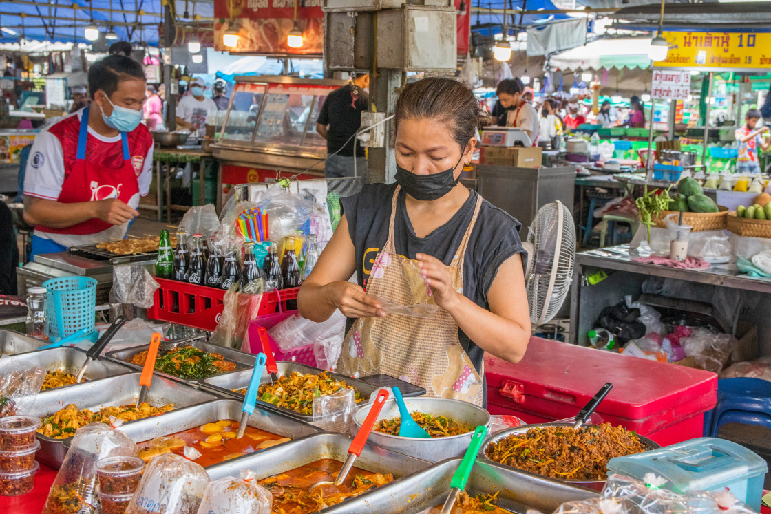 "During the Covid 19 time on a street market in Thailand, Southeast Asia" stock image