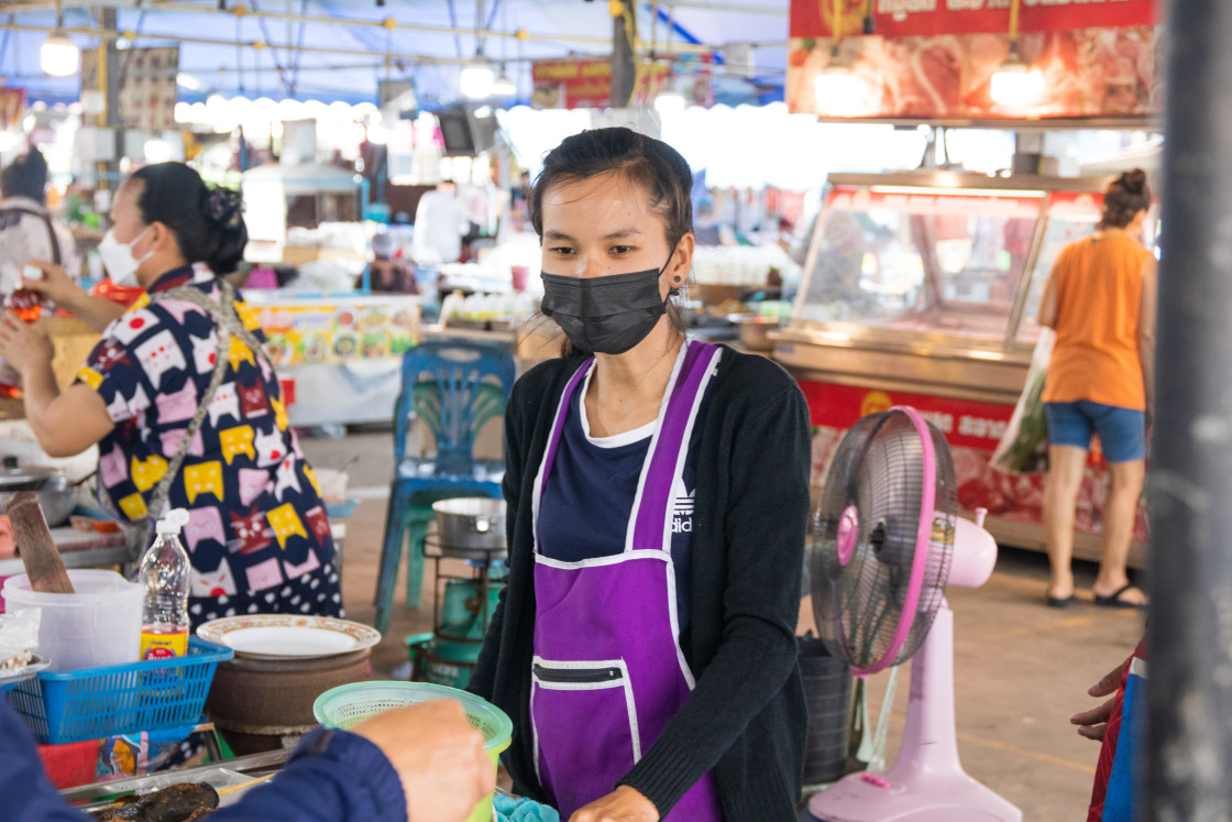 "During the Covid 19 time on a street market in Thailand, Southeast Asia" stock image