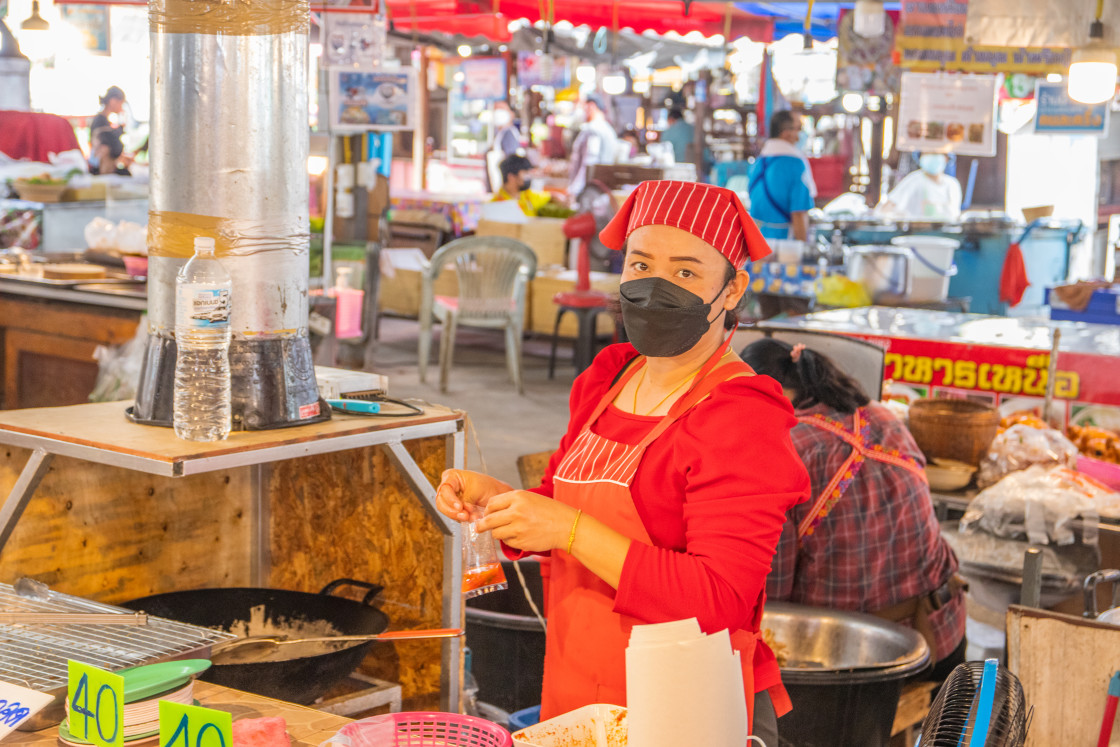 "During the Covid 19 time on a street market in Thailand, Southeast Asia" stock image