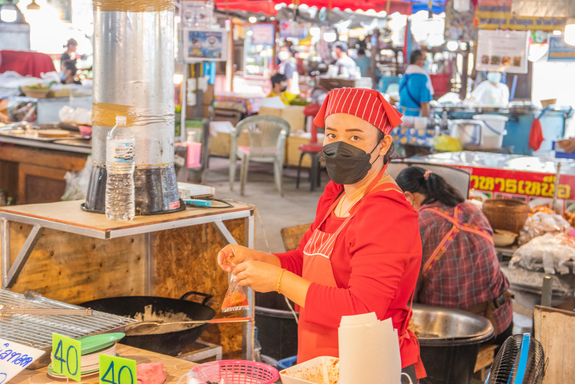 "During the Covid 19 time on a street market in Thailand, Southeast Asia" stock image