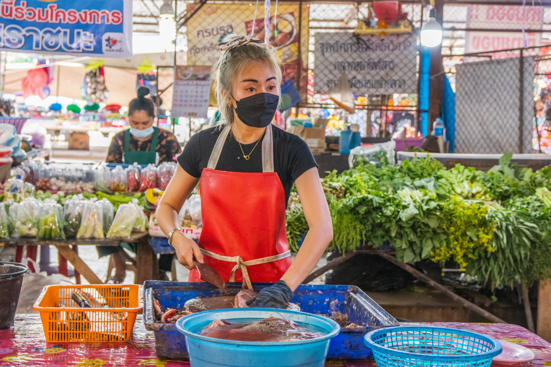 "During the Covid 19 time on a street market in Thailand, Southeast Asia" stock image