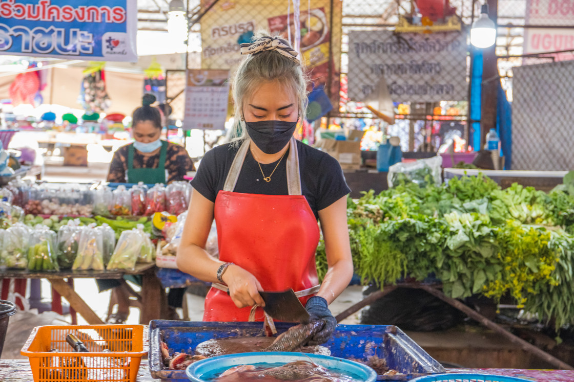 "During the Covid 19 time on a street market in Thailand, Southeast Asia" stock image