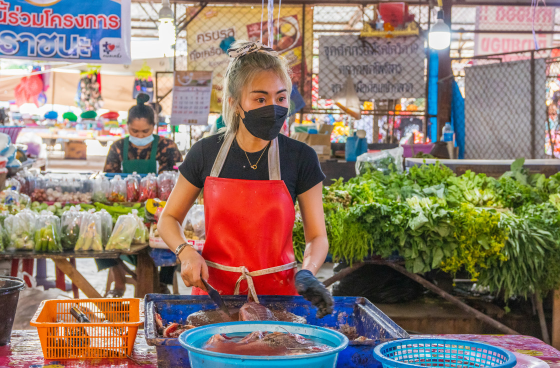 "During the Covid 19 time on a street market in Thailand, Southeast Asia" stock image