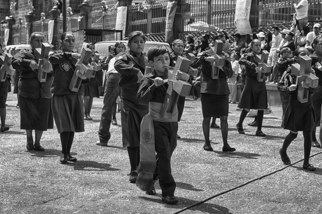 "Children marching, Semana Santa, Oaxaca, Mexico" stock image