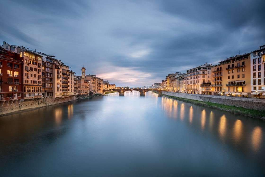 "Florence cityscape taken at Santa Trinita bridge just after the sunset, Florence, Tuscany, Italy" stock image