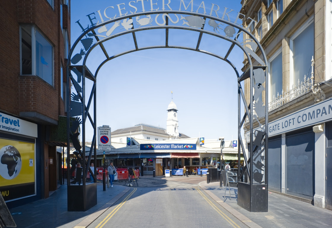 "Entrance to Leicester outdoor market" stock image