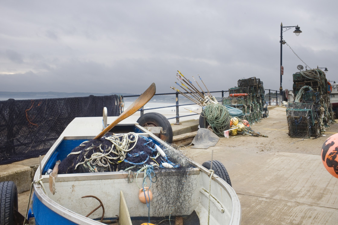 "Fishing boats and nets at Filey" stock image