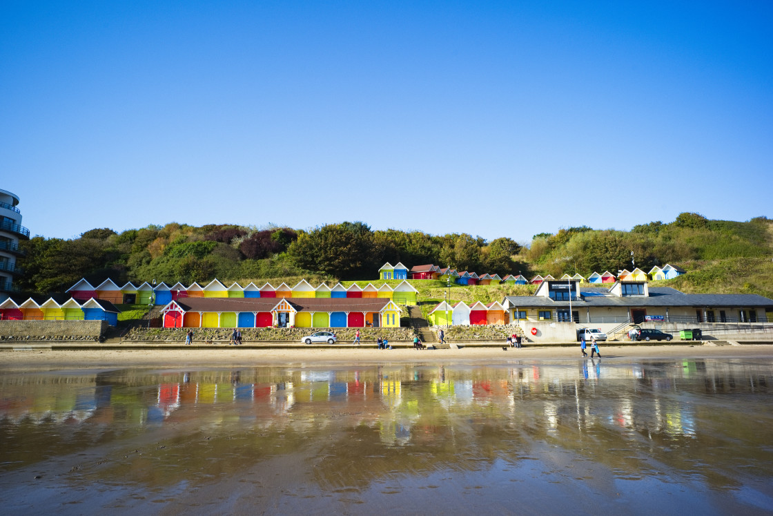 "Colourful beach huts at Scarborough" stock image