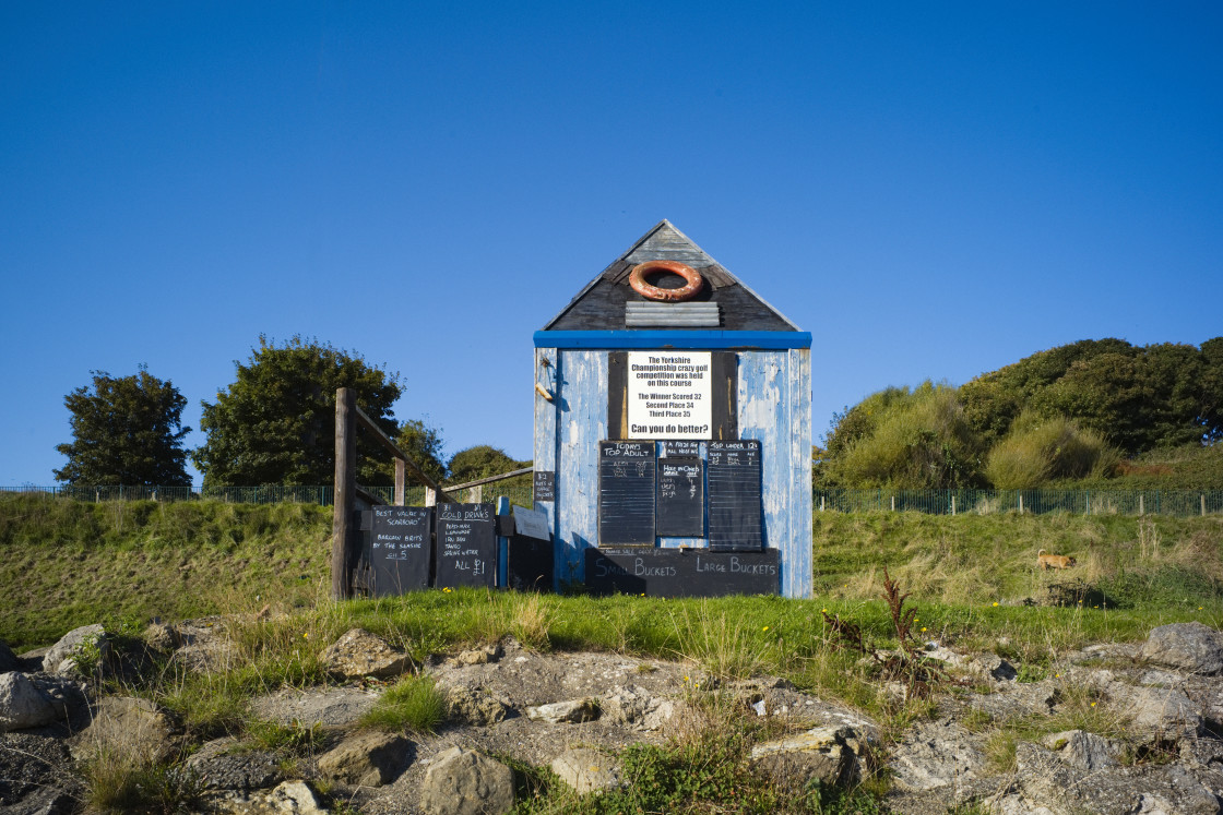 "Hut at the start of the crazy golf" stock image