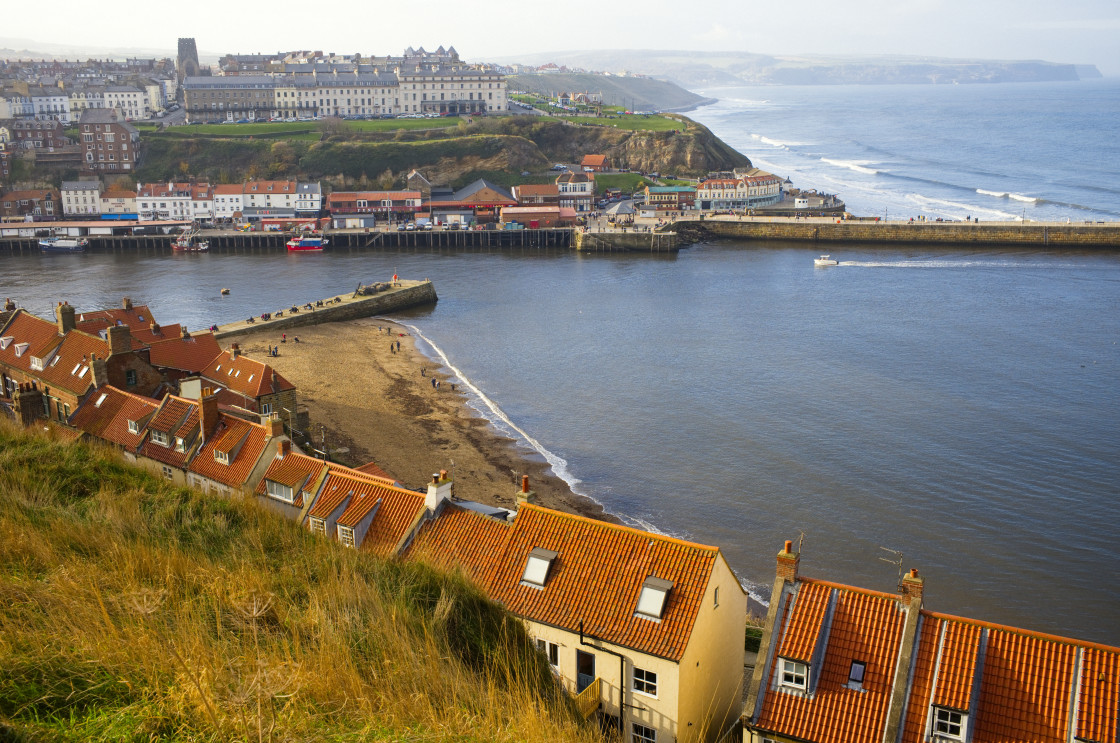 "Looking down into Whitby outer harbour" stock image