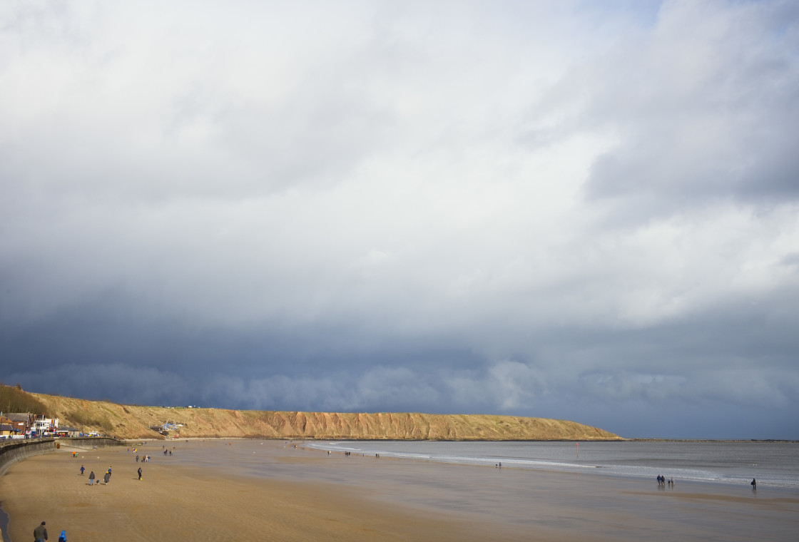 "Hail storm on the horizon at Filey" stock image