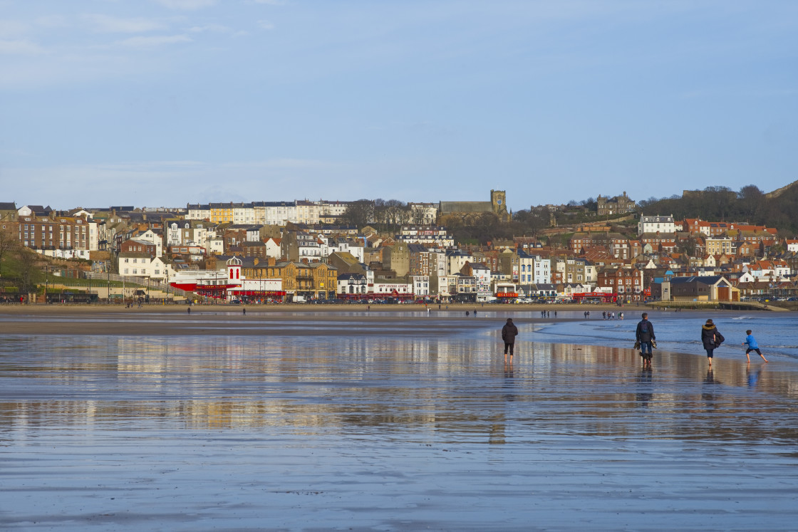 "Scarborough old town from beach on a winter da" stock image