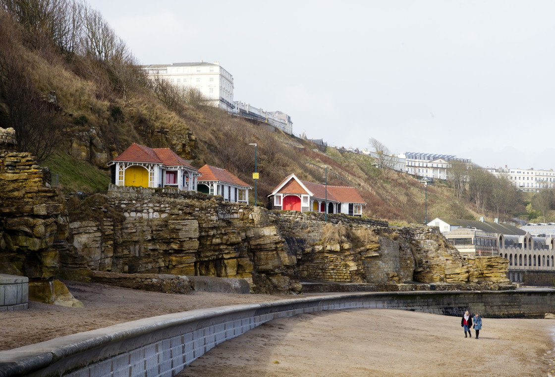 "Two women on the beach at Scarborough" stock image