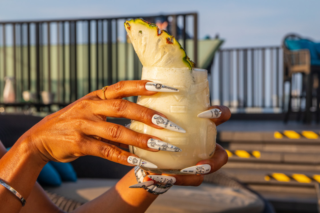 "One Pina Colada Cocktail at a Rooftop Bar" stock image