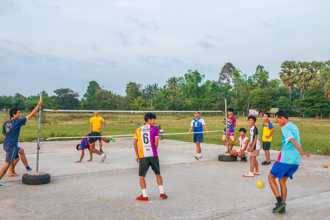 "Sepak takraw or kick volleyball in Southeast Asia, Sepak takraw differs from the similar sport of footvolley in its use of a rattan ballSepak takraw or kick volleyball in Southeast Asia" stock image