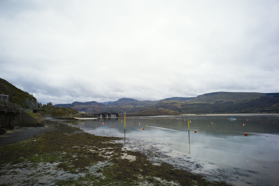 "Barmouth railway bridge and estuary" stock image