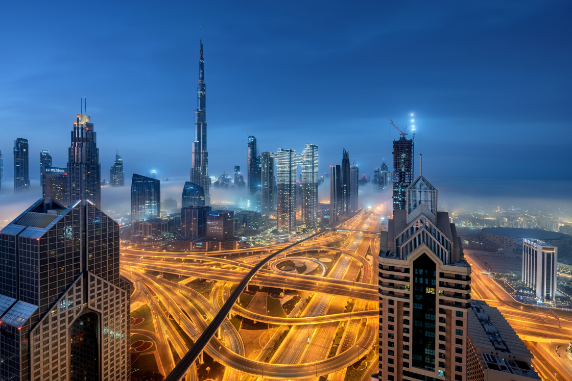 "Dubai cityscape at dawn" stock image