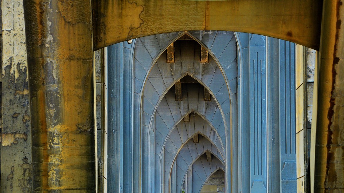 "Gothic style pillars holding up a bridge, Highway 101, Oregon Coast." stock image