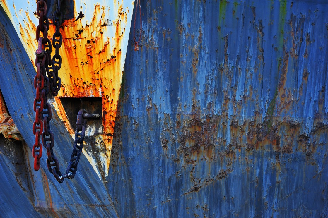 "Anchor chain and bow of a logging barge docked at the Port of Vancouver." stock image