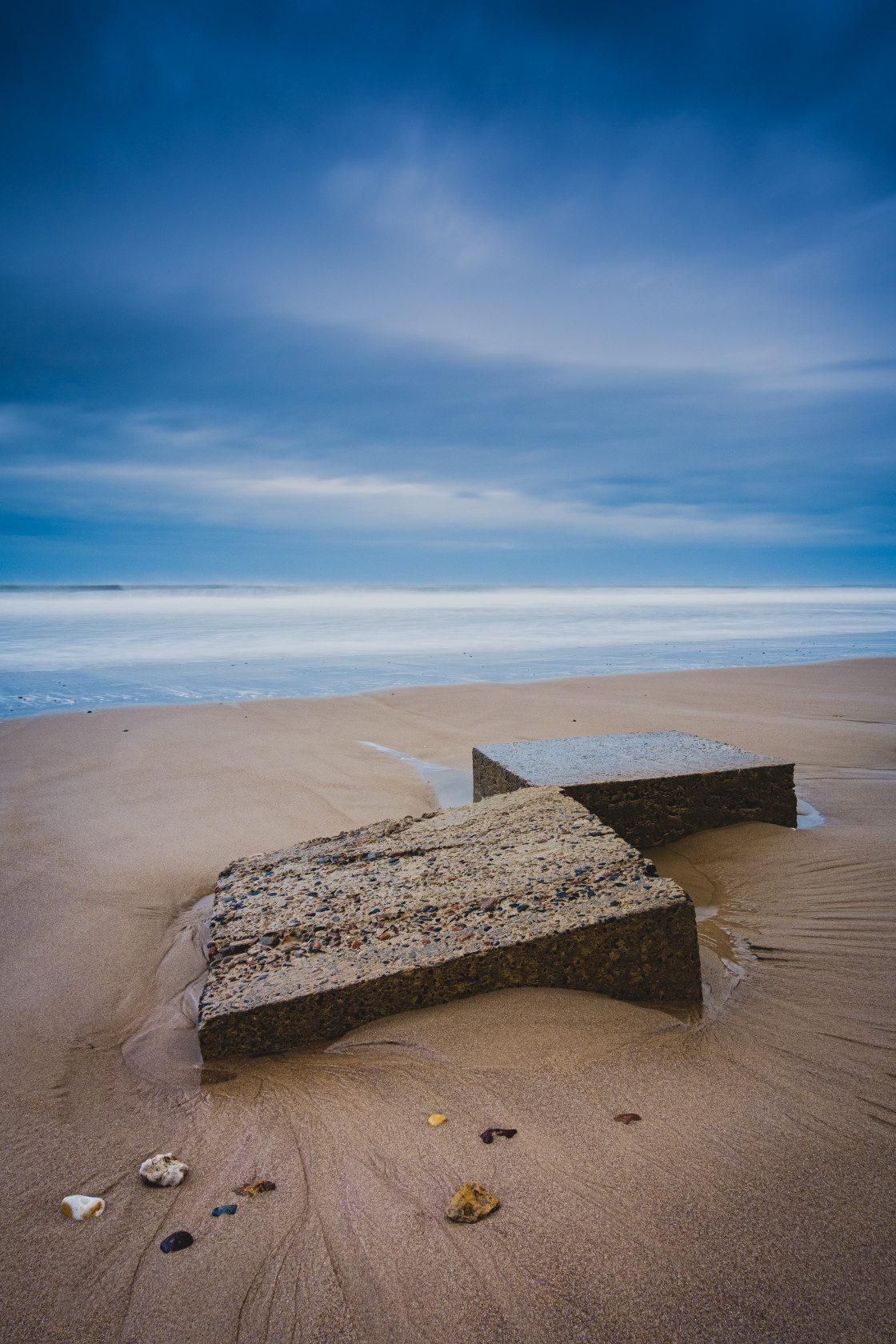 "Sea defenses at Warkworth Beach, Northumberland" stock image