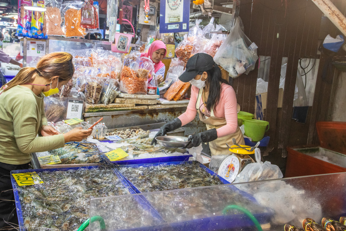 "Freshly caught seafood for sale at a fish market in Thailand Southeast Asia" stock image