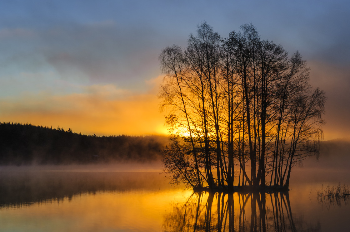 "A misty lake at sunrise." stock image