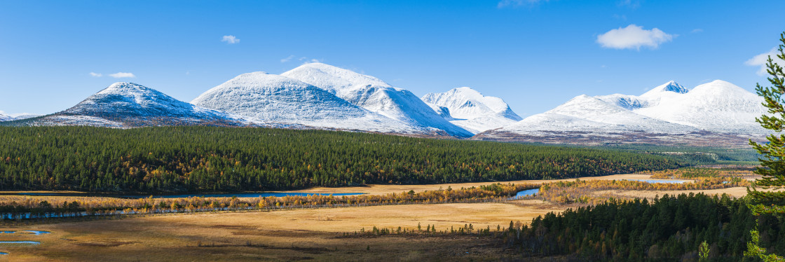 "Panorama of snowcapped mountains at Rondane Nationalpark, Norway" stock image