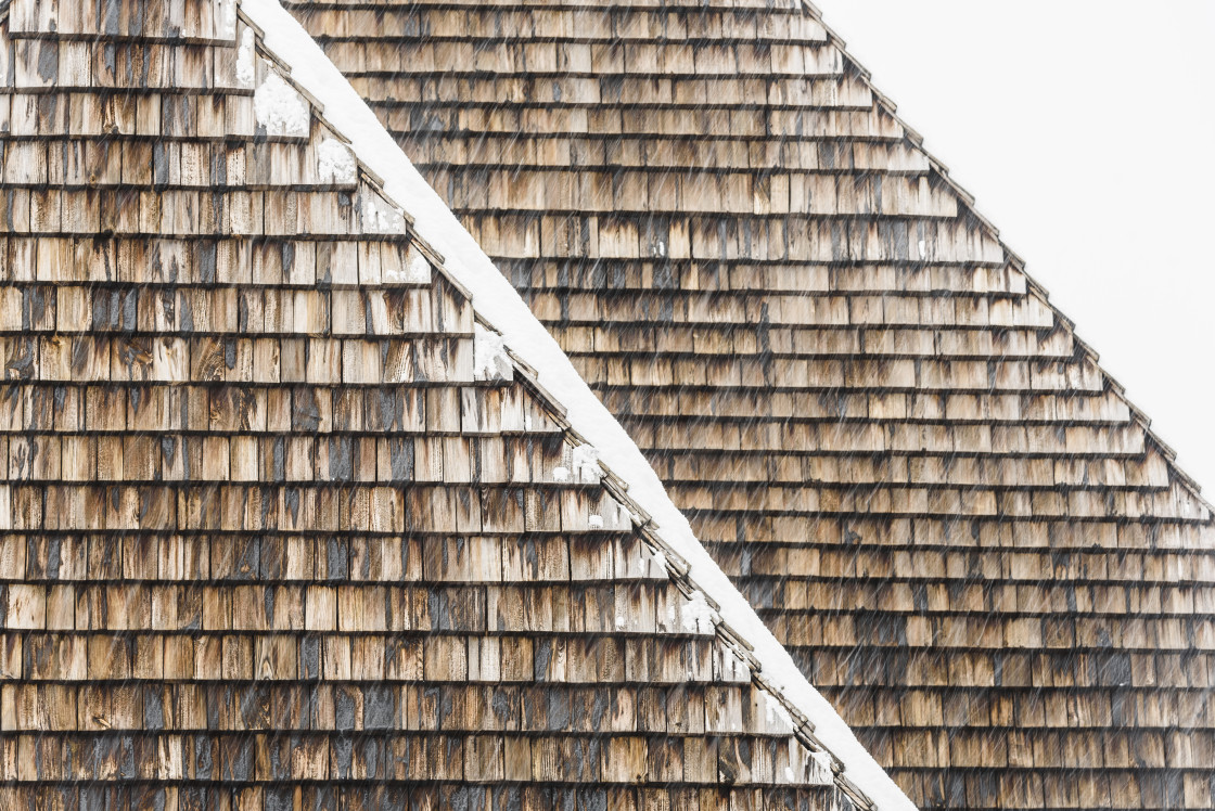 "Wooden facade on Old church building" stock image