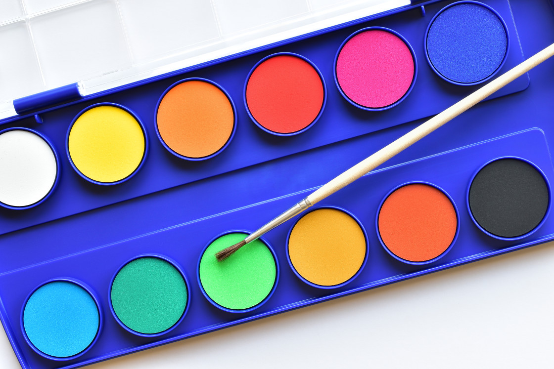 "Watercolor paint box and brush set" stock image