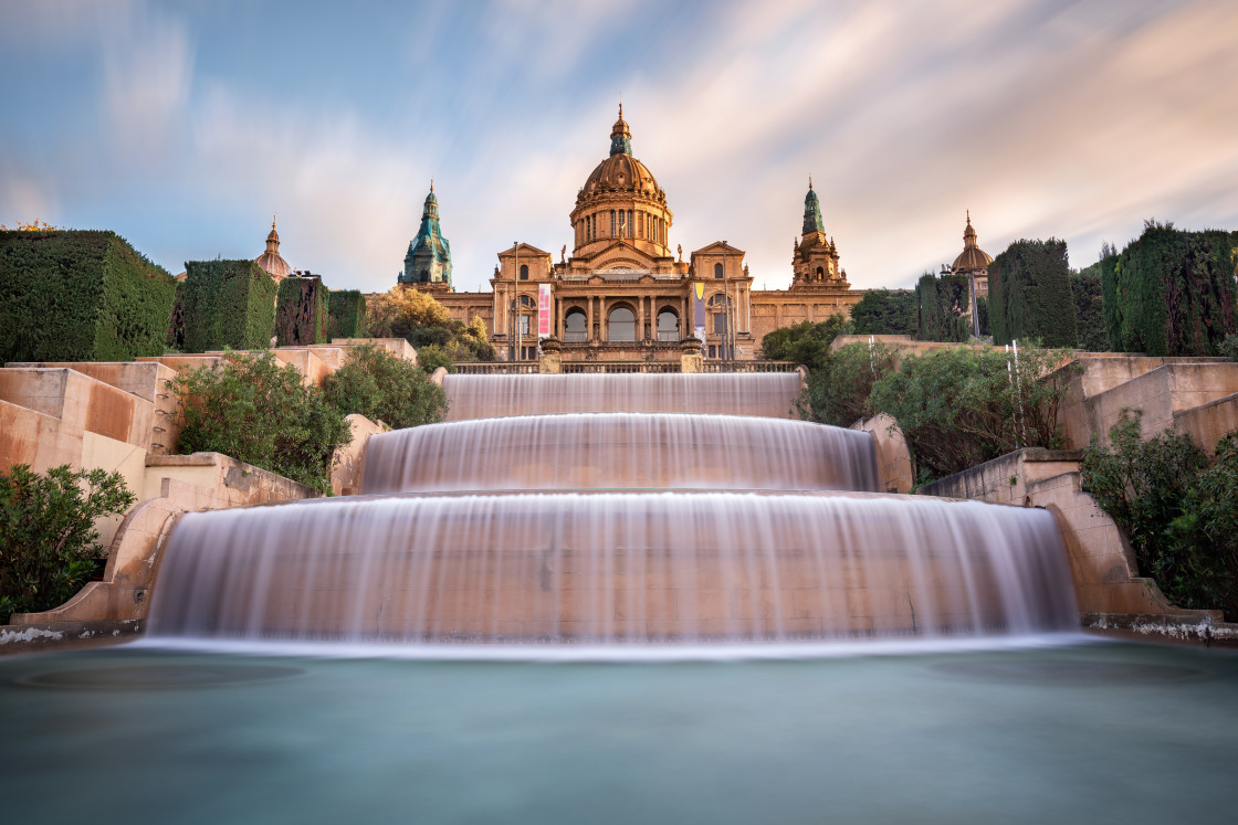 "Montjuic National Palace at sunset, Barcelona, Spain" stock image