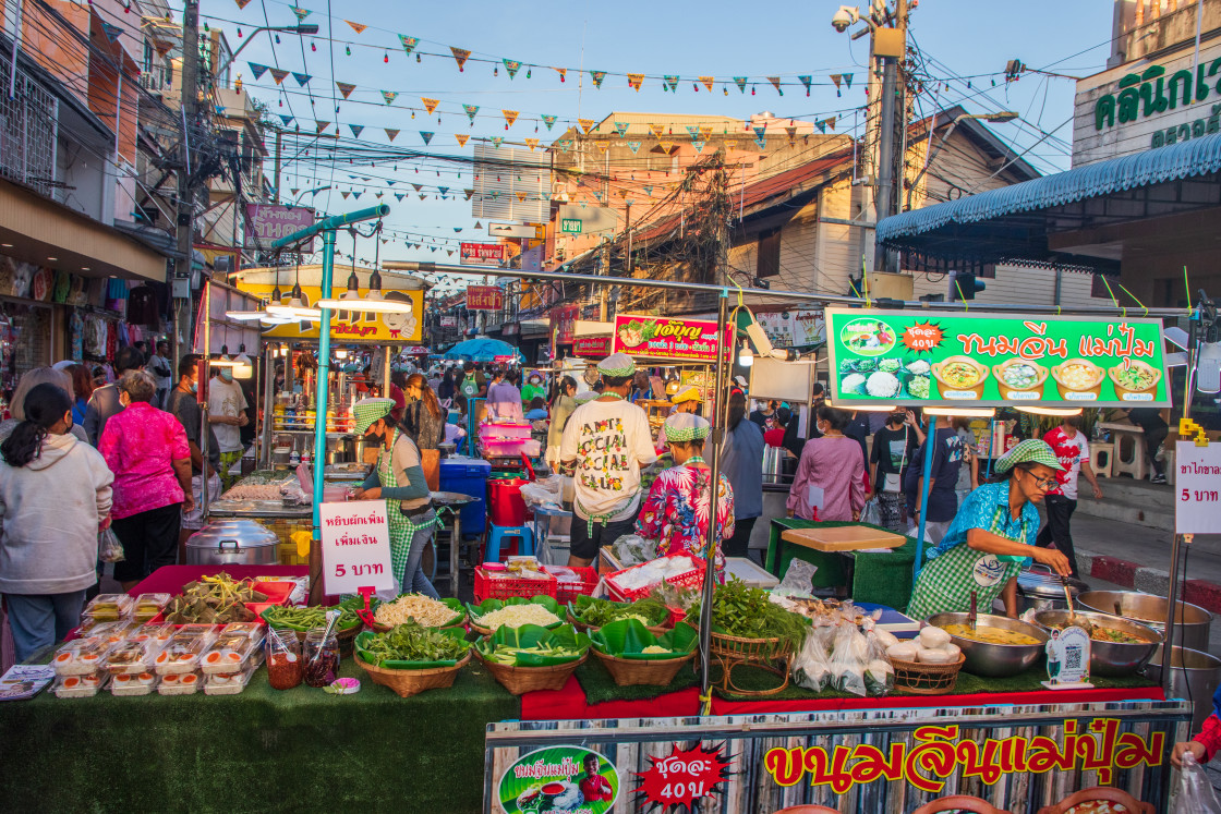 "A traditional street festival with countless food stalls in Thailand" stock image