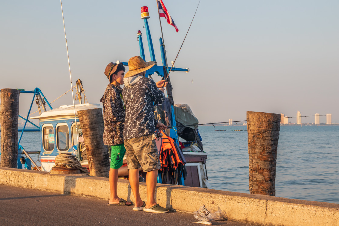 "Fishermen at the Pier of Bang Saray in Thailand Asia" stock image