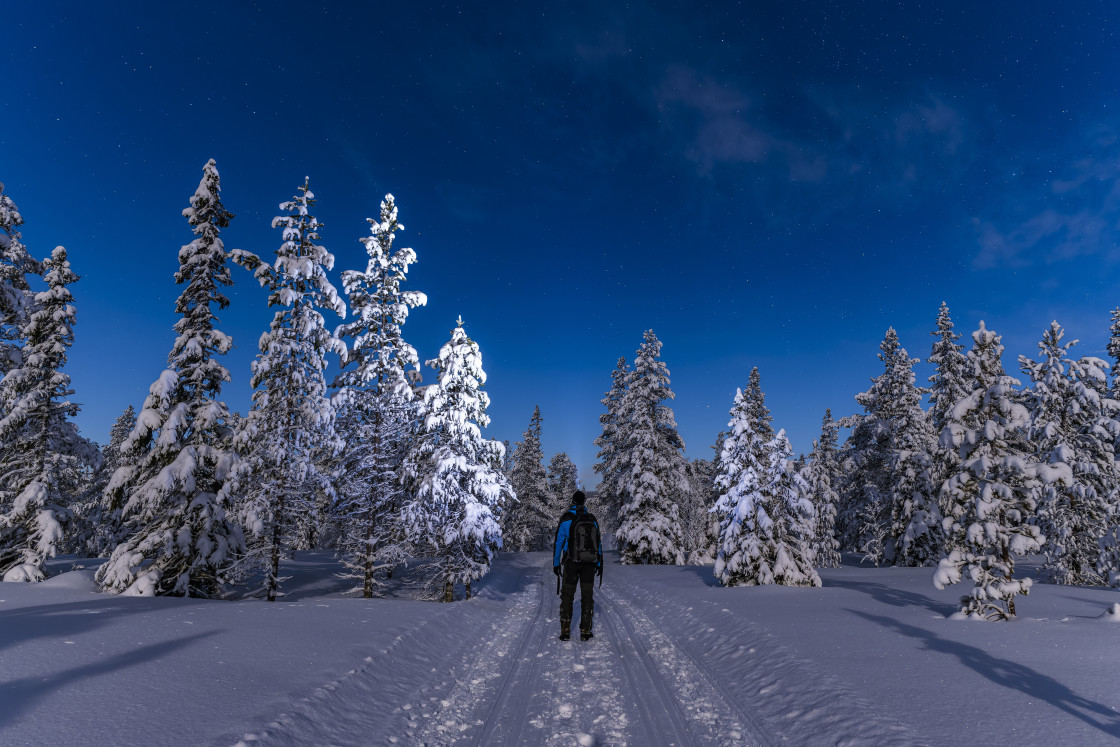 "Man with backpack standing under starry sky" stock image