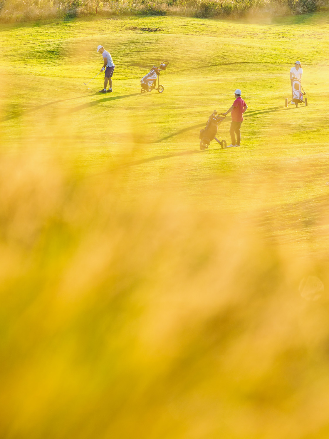 "Grass in front of people on golf course" stock image