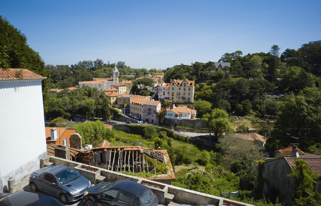 "Sintra with the decorative town hall tower in the distance" stock image