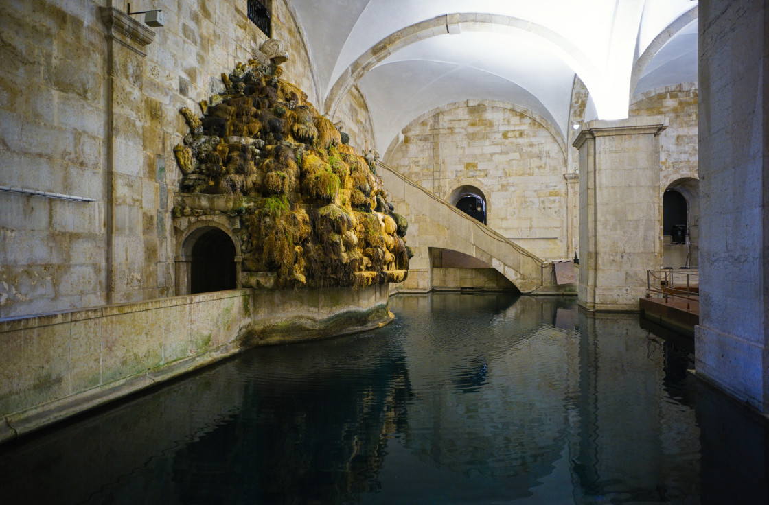 "Māe d'Agua reservoir in Amoreiras showing the entry point of the water from the aquaduct" stock image