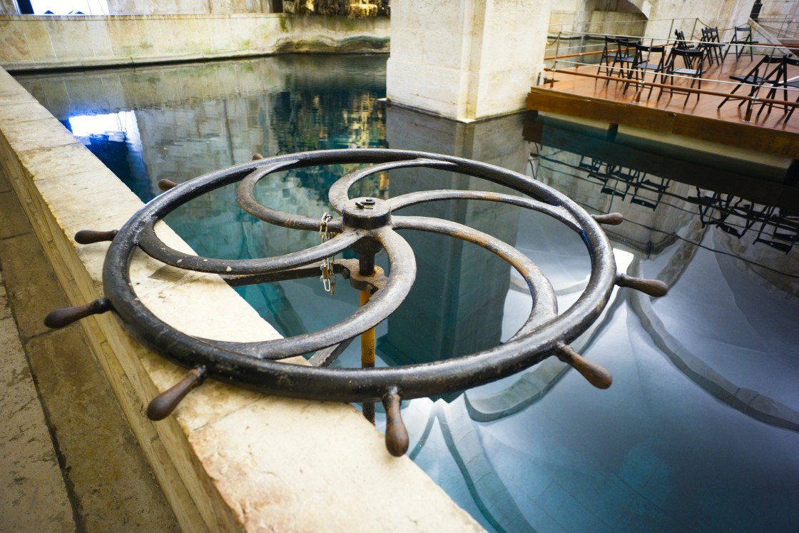 "Māe d'Agua reservoir in Amoreiras with large metal wheel" stock image