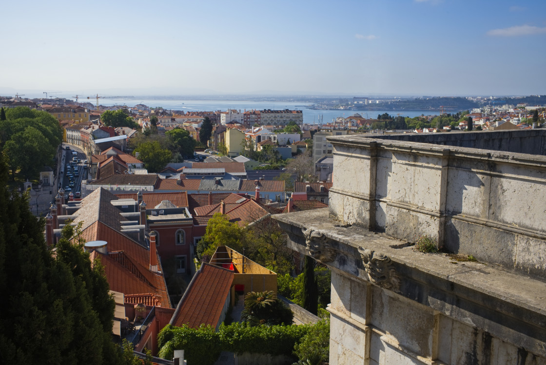 "View over Lisbon from the roof of the water museum at Amoreiris" stock image