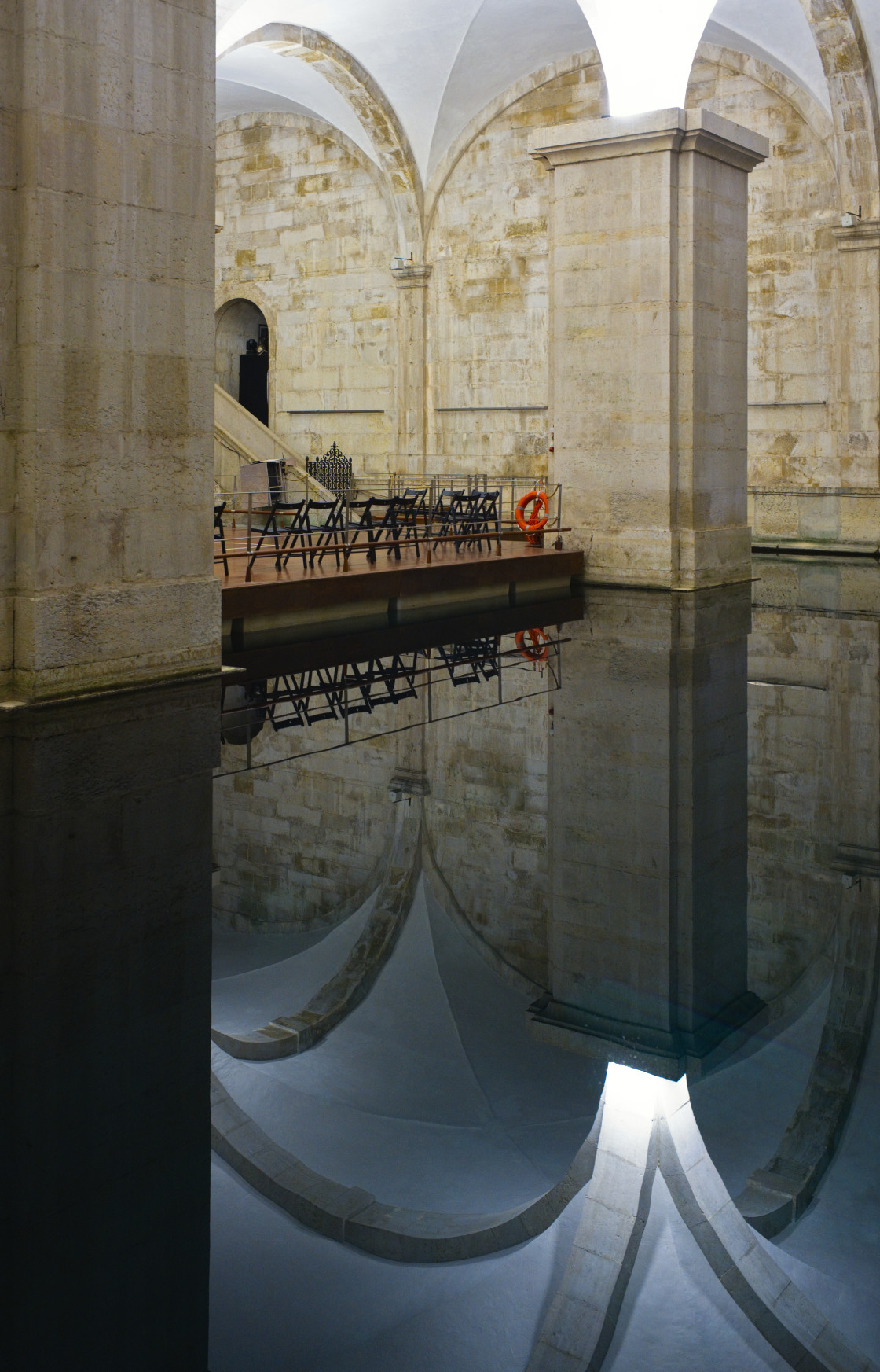 "Floating performance stage at the museum of water in Amoreiris, Lisbon" stock image