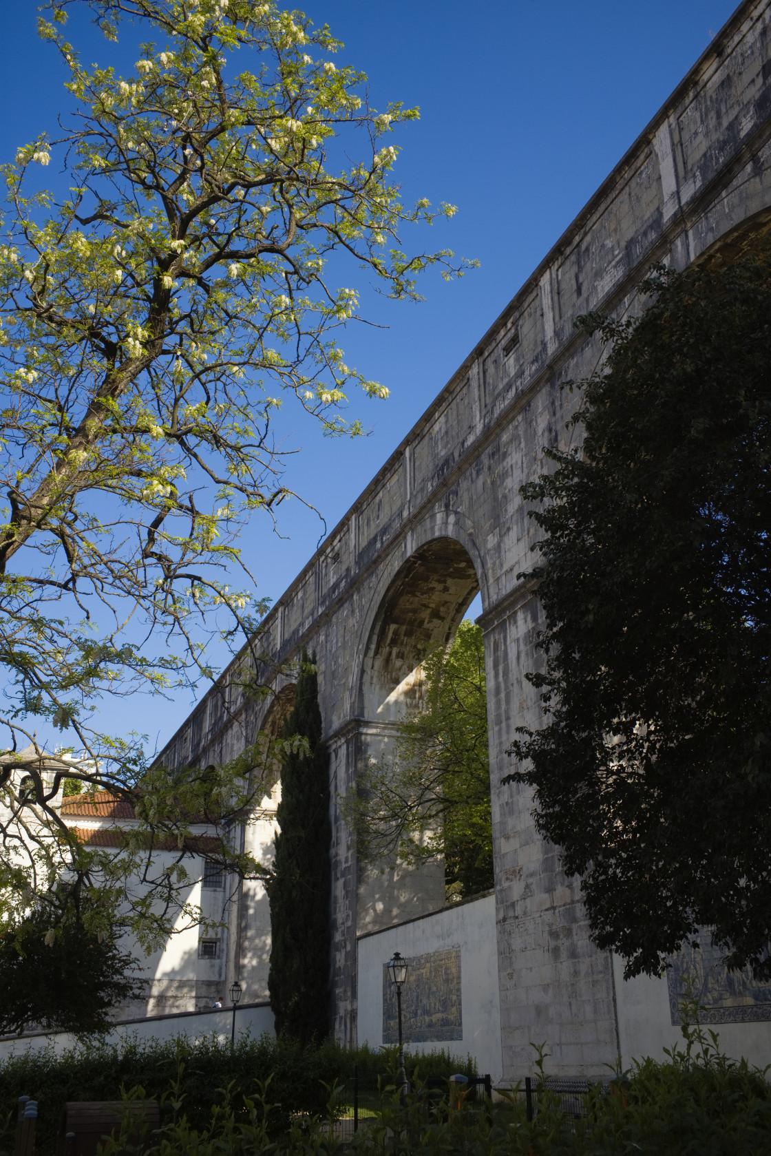 "Looking up at the aqueduct at Amoreiris, Lisbon" stock image